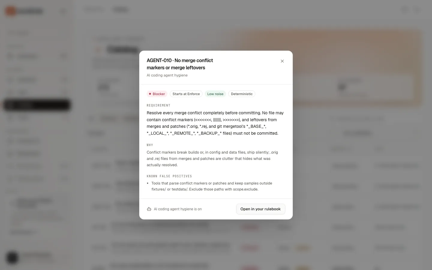 A catalog rule, AGENT-010 “No merge conflict markers or merge leftovers”: it is a blocker, starts at Enforce, has low noise and a deterministic check, and the AI coding agent hygiene pack is on, with an Open in your rulebook button.