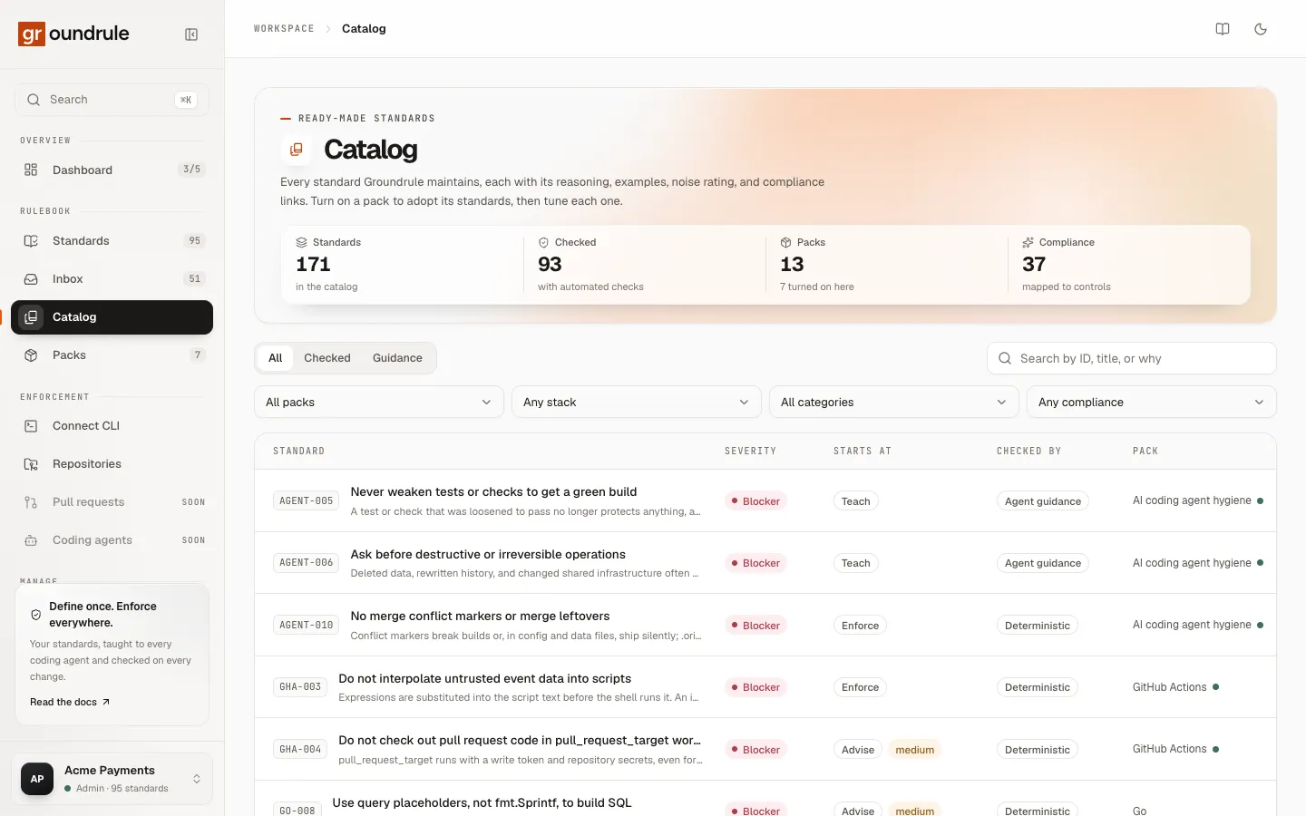 The Catalog: 171 standards, 93 with automated checks, 13 packs, and filters for pack, stack, category and compliance above the list of standards.