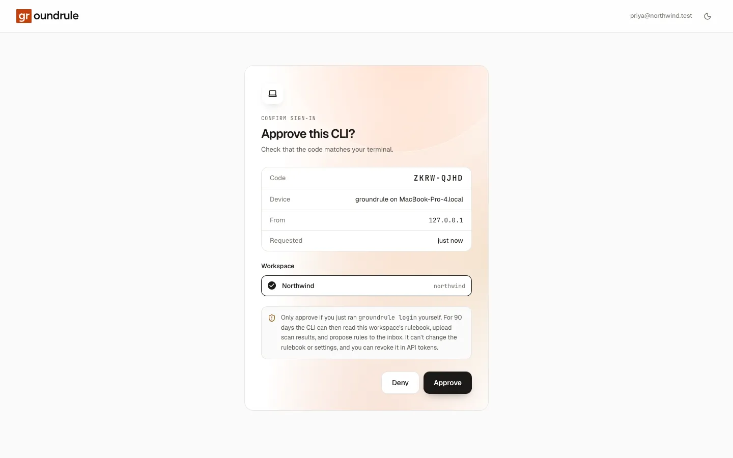 The Approve this CLI? page: the code ZKRW-QJHD, the device, the request address and time, a workspace picker, a warning about what the CLI can do, and Deny and Approve buttons.