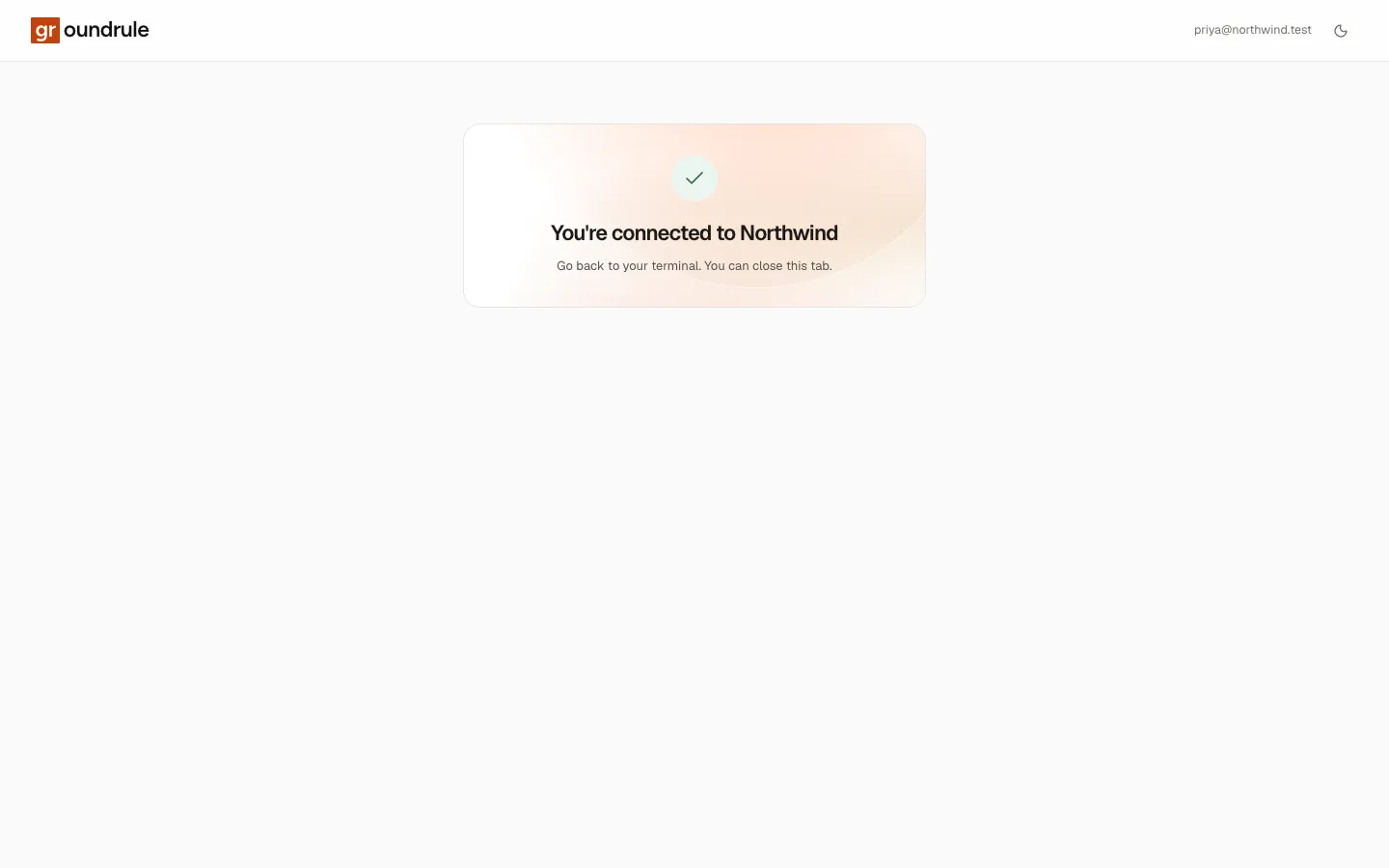 The confirmation page after approving: a check mark and “You’re connected to” the workspace, with “Go back to your terminal. You can close this tab.”