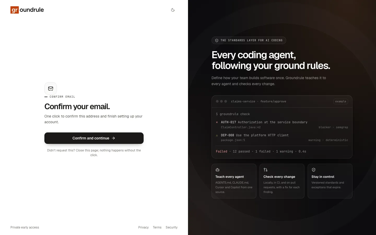 The Confirm your email page with a single Confirm and continue button.