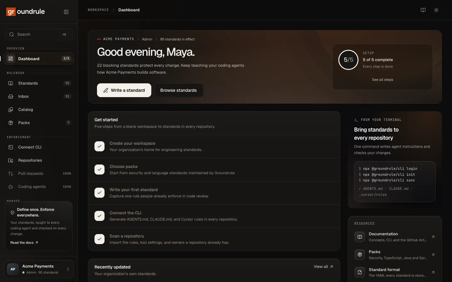 The dashboard in the dark theme.