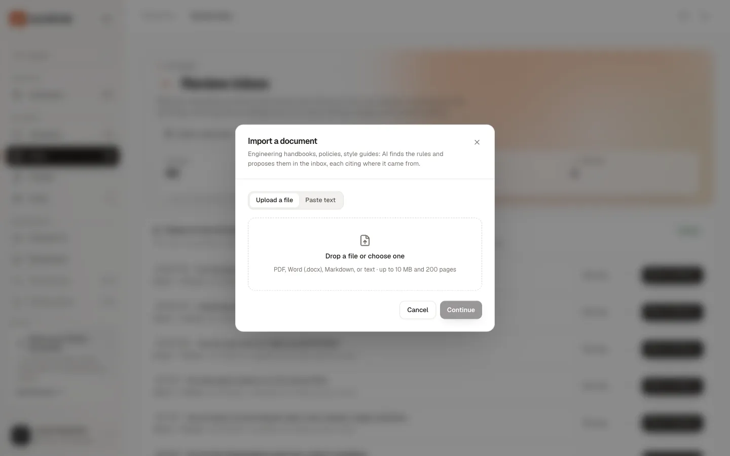The Import a document dialog with Upload a file and Paste text, and a drop area for PDF, Word (.docx), Markdown, or text up to 10 MB and 200 pages.