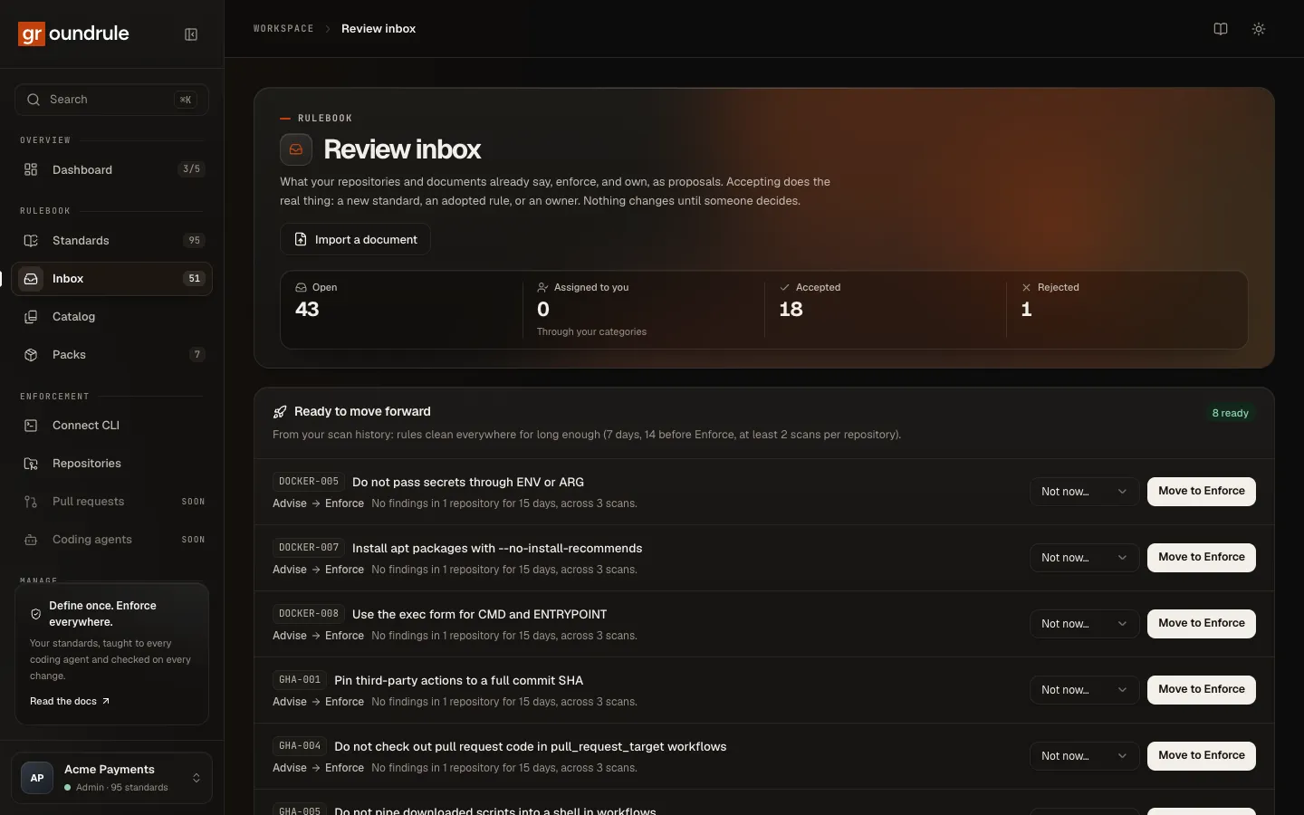 The review inbox in the dark theme, with the same counters and lists.