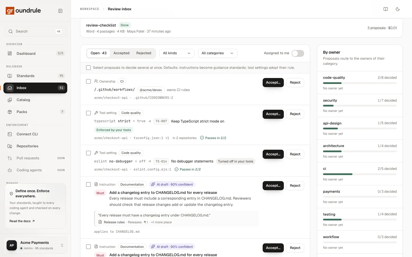 The inbox showing a Word document import marked Done with 3 proposals for $0.01, and an AI-drafted instruction with a quote from the Release rules document.