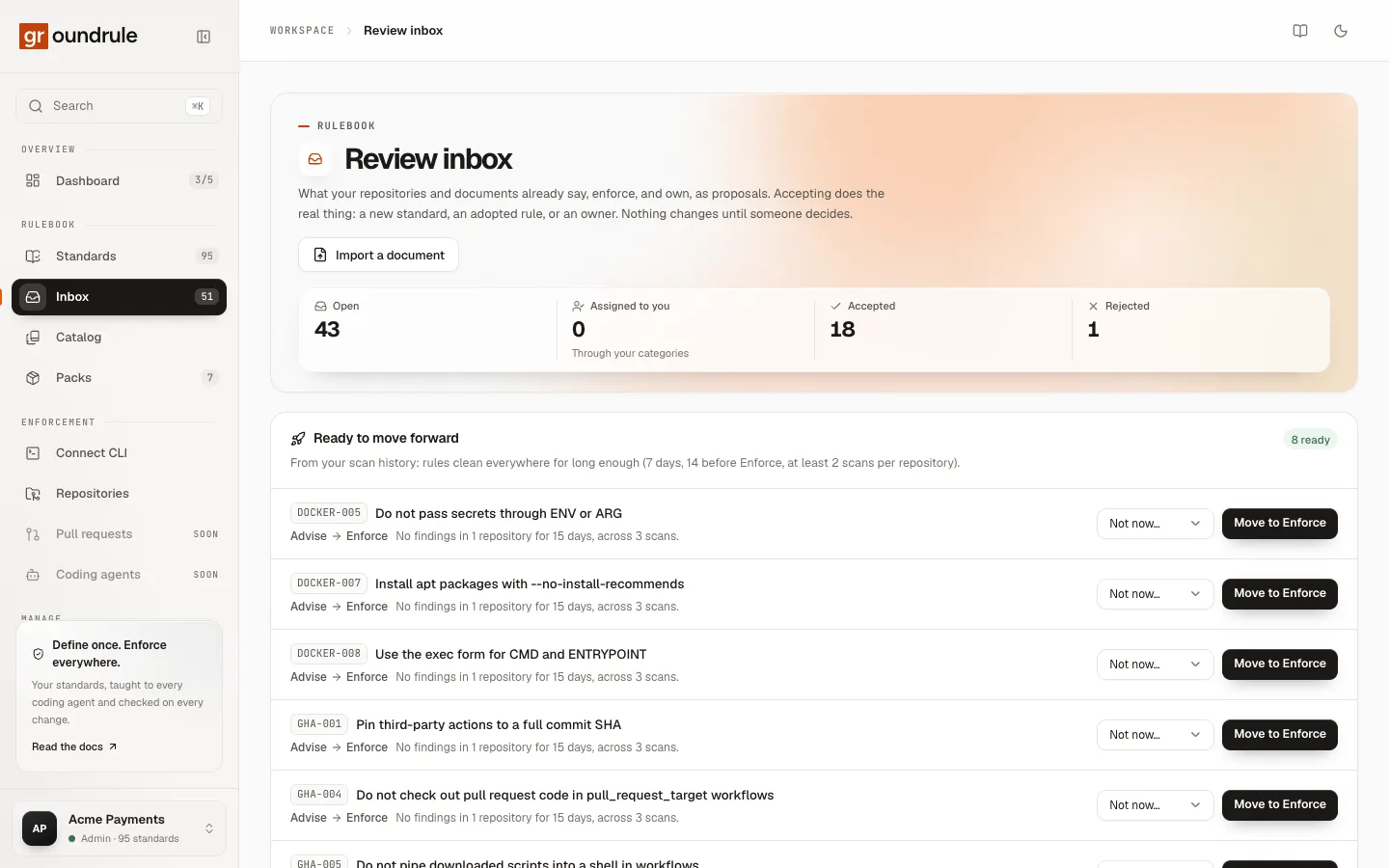 The Review inbox for Acme Payments: counters for Open, Assigned to you, Accepted and Rejected, then the Ready to move forward list of rules that can be promoted.