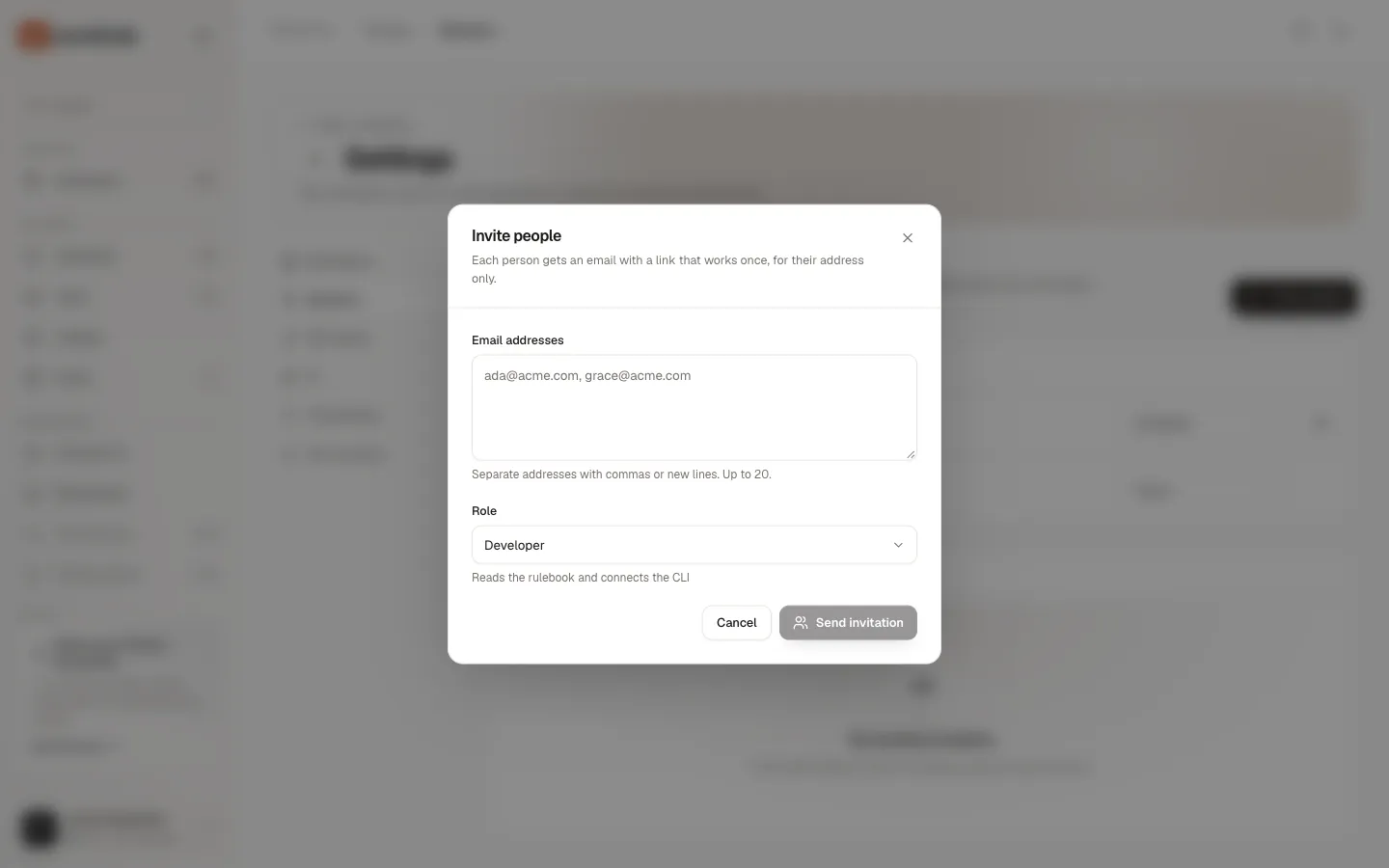 The Invite people dialog with Email addresses, Role set to Developer, and Send invitation.