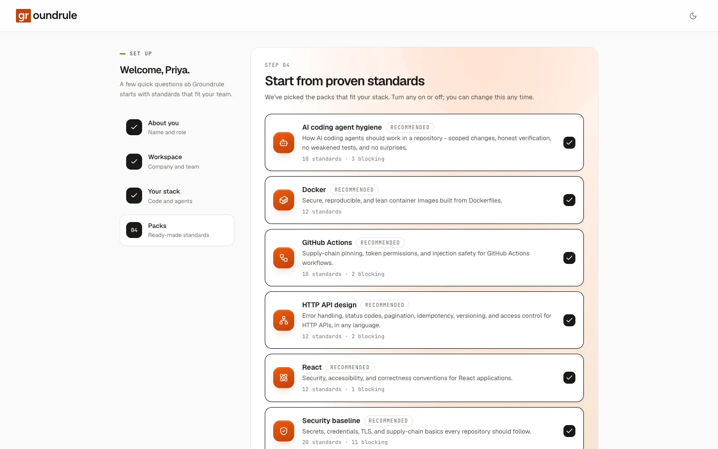 Step 4 of onboarding: recommended packs such as AI coding agent hygiene, Docker, GitHub Actions, HTTP API design, React and Security baseline.