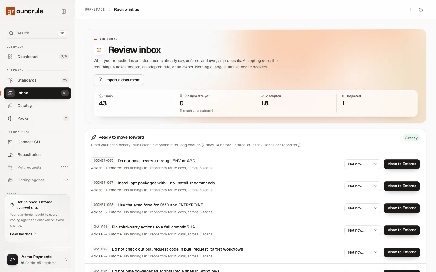 The Ready to move forward section of the review inbox: rules such as DOCKER-005 and GHA-001, each moving from Advise to Enforce, with “No findings in 1 repository for 15 days, across 3 scans”, a Not now menu, and a Move to Enforce button.