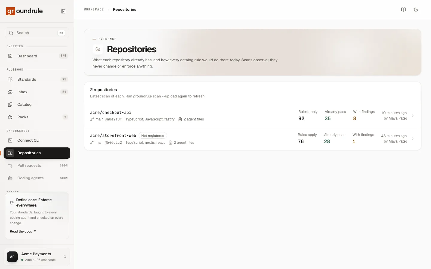 The Repositories page listing two scanned repositories with branch, commit, stack, agent files, and counts of rules that apply, already pass, and have findings.