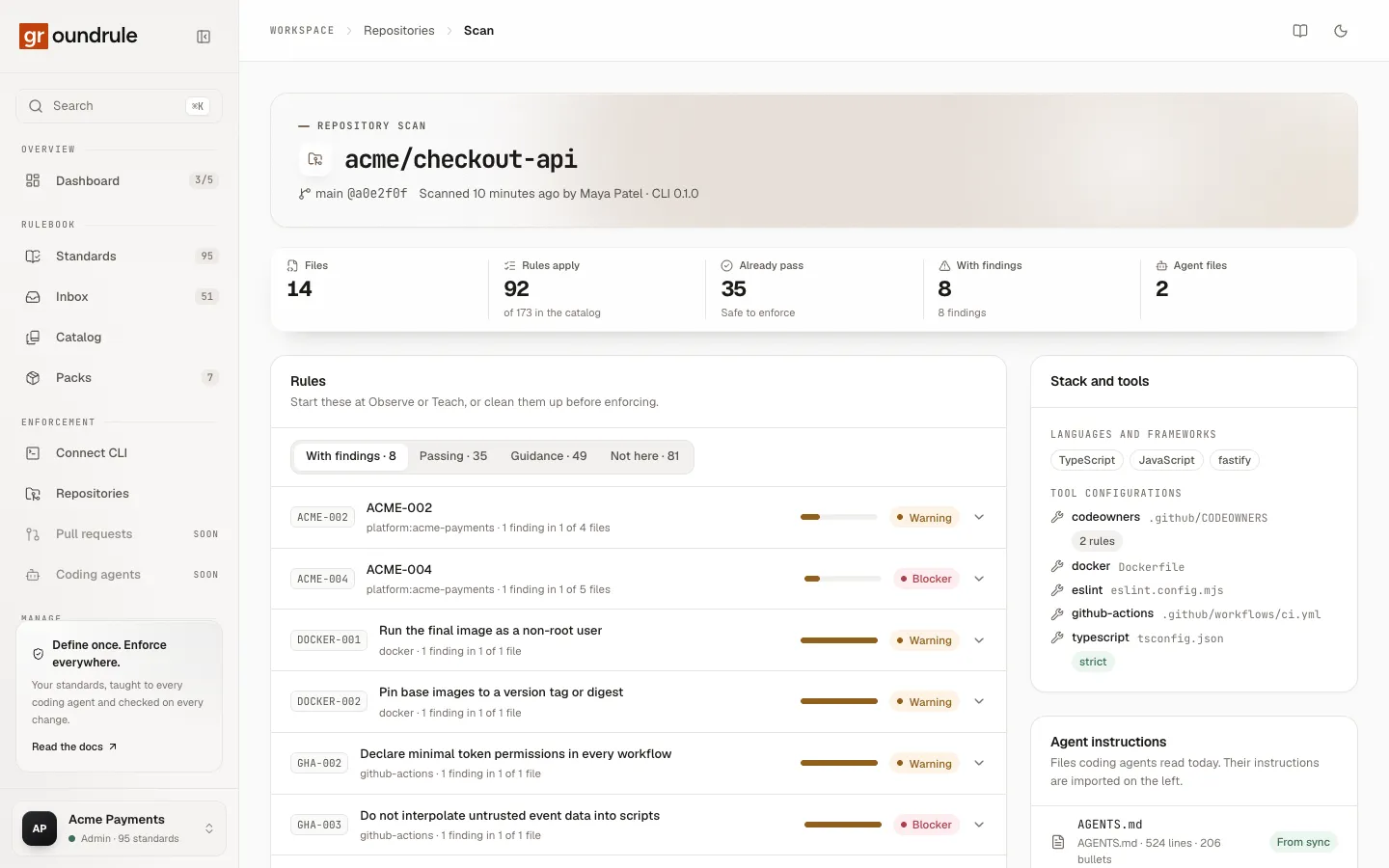 A scan page for acme/checkout-api: counters for files, rules that apply, rules already passing, rules with findings and agent files, the Rules list, and the Stack and tools panel.