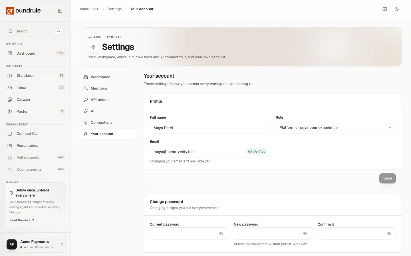 Settings → Your account: the Profile panel with Full name, Role and a verified Email, and the Change password panel.