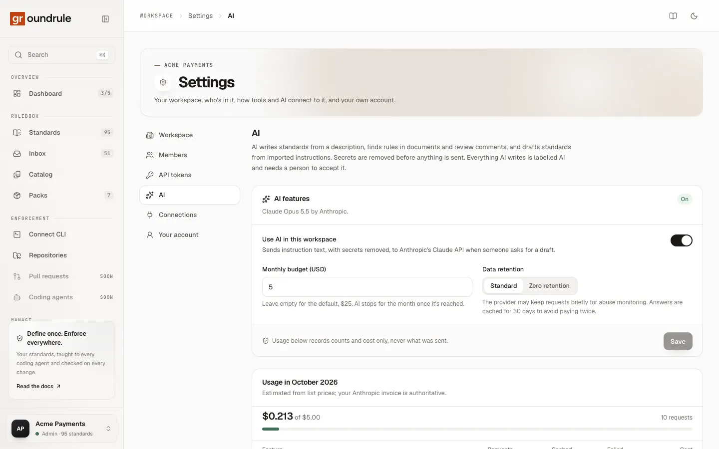 Settings → AI: the AI features panel with Use AI in this workspace switched on, Monthly budget (USD), Data retention set to Standard, and the start of the usage panel.