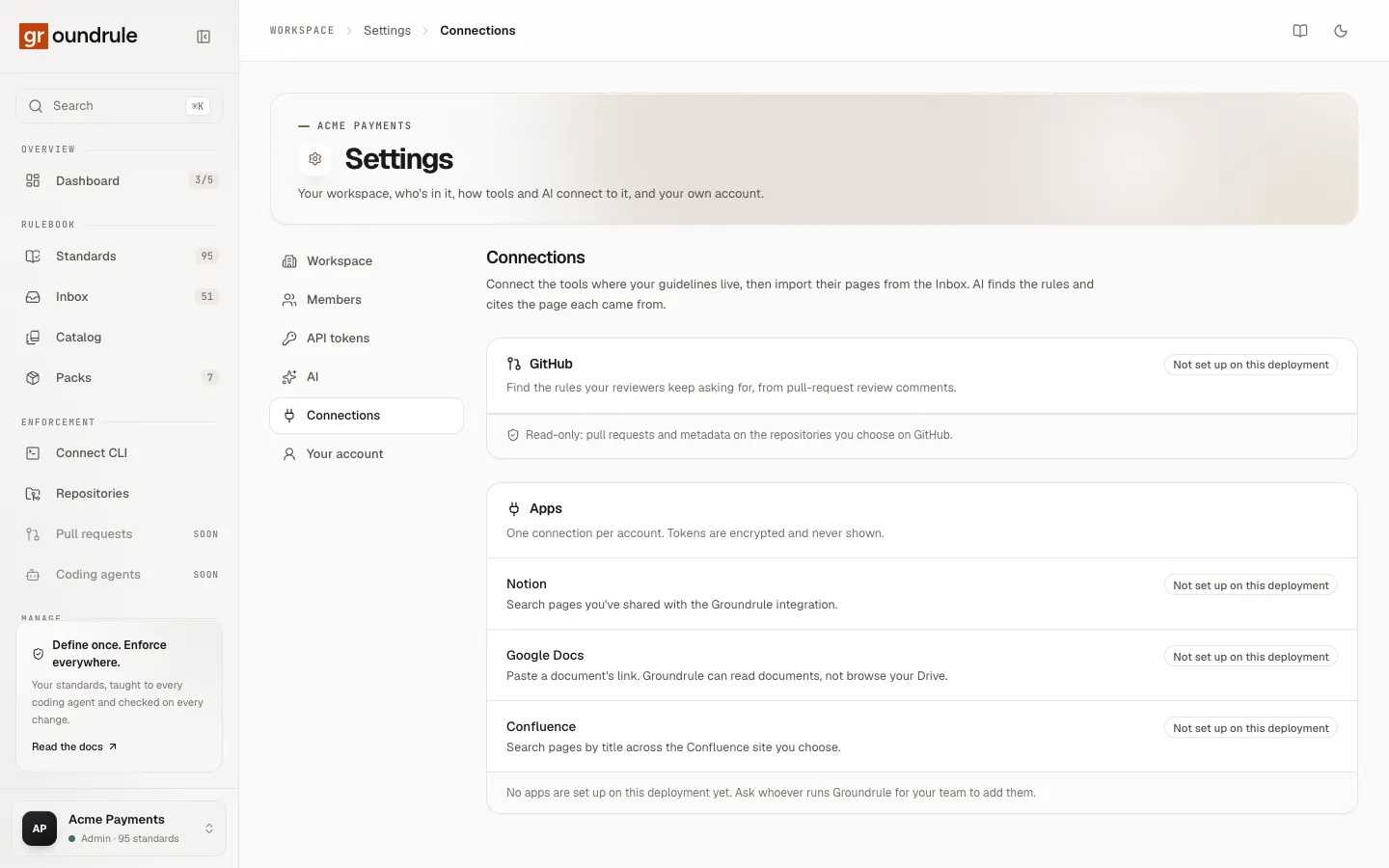 Settings → Connections with the GitHub panel and the Apps panel listing Notion, Google Docs and Confluence.