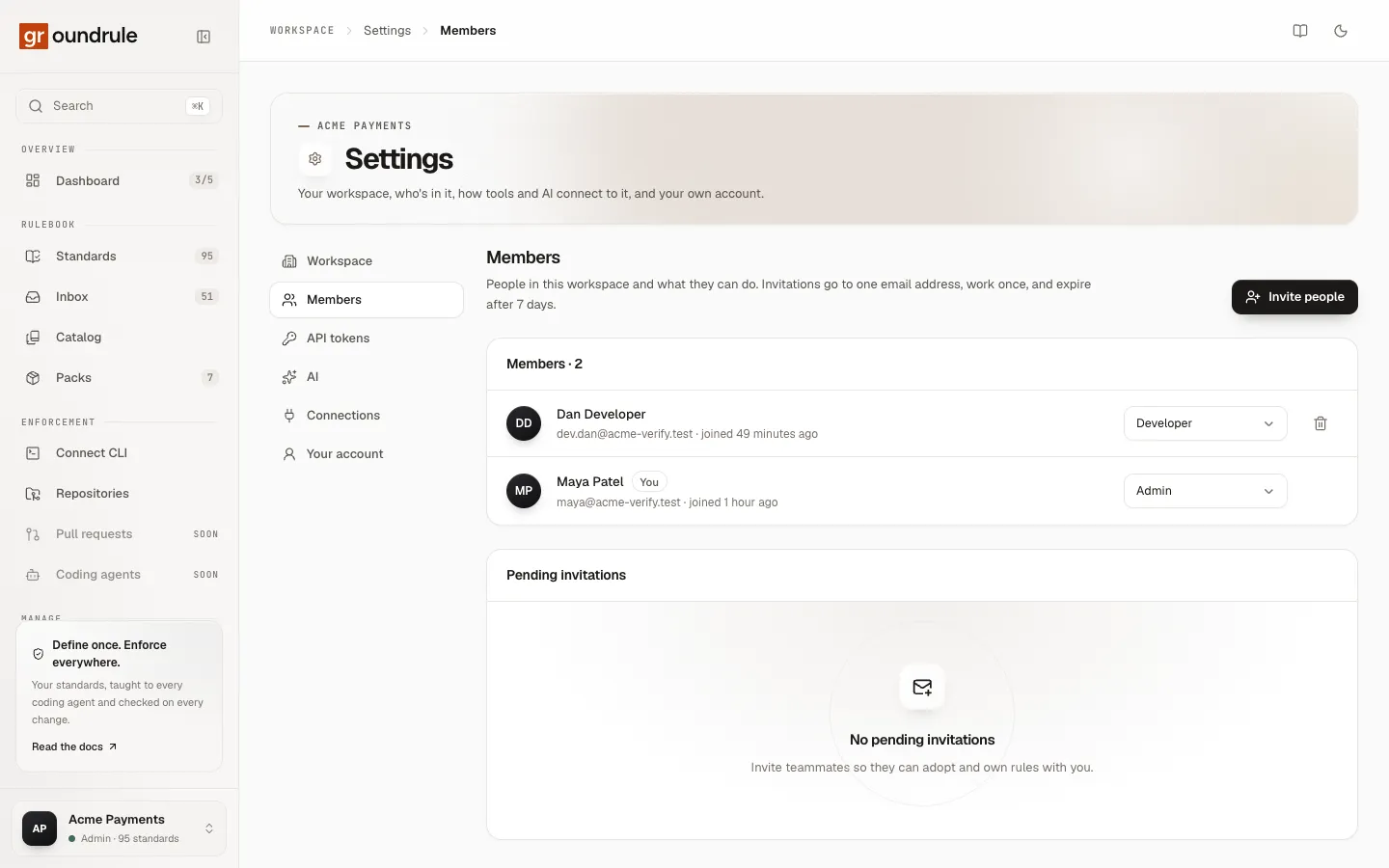 Settings → Members: the member list with role selectors, the Invite people button, and an empty Pending invitations panel.