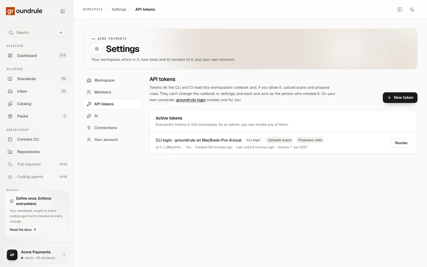 Settings → API tokens, listing active tokens with their permission badges, owner, last use and expiry.