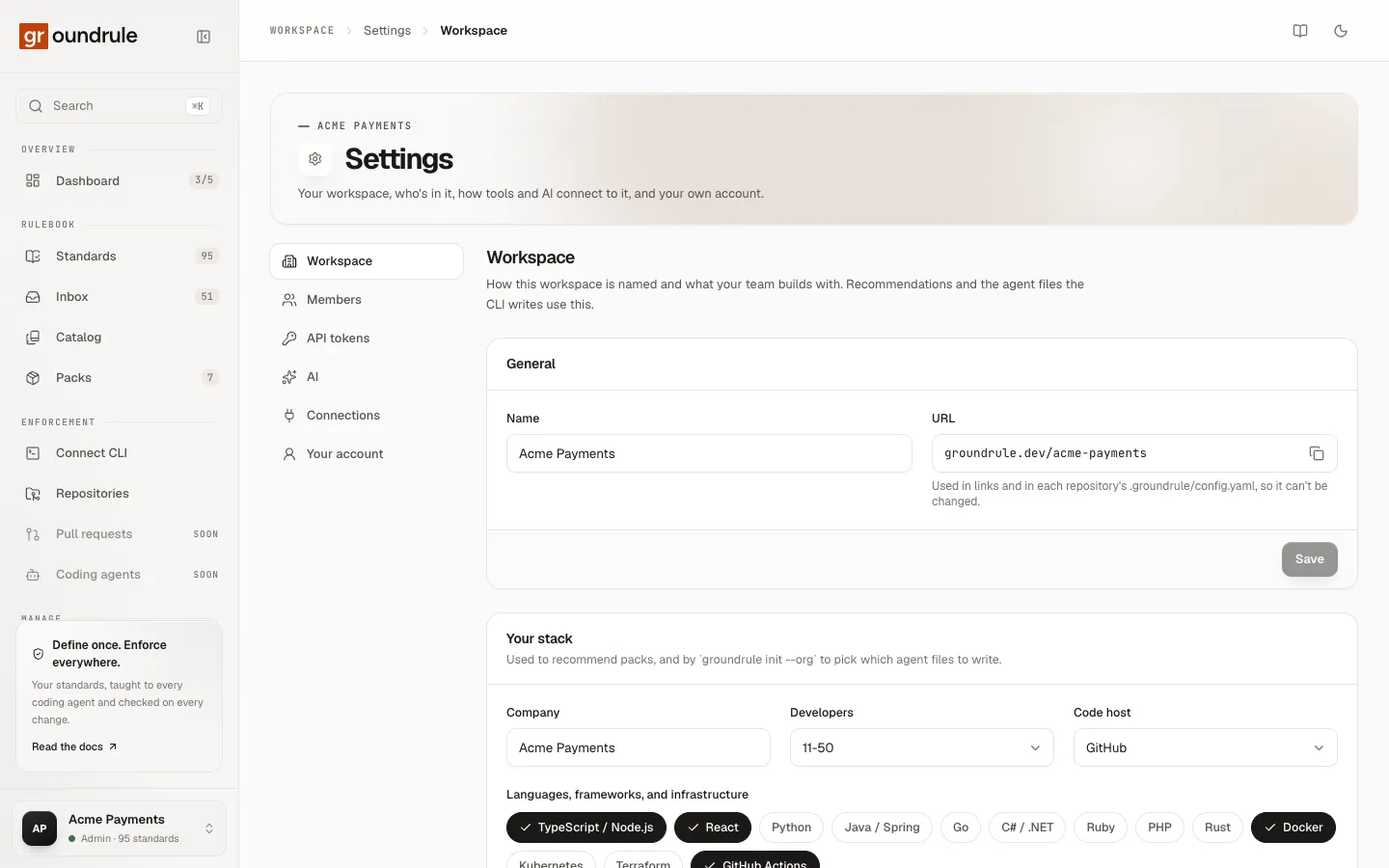 Settings → Workspace: the General panel with Name and the read-only URL, and the Your stack panel with Company, Developers, Code host and the stack chips.