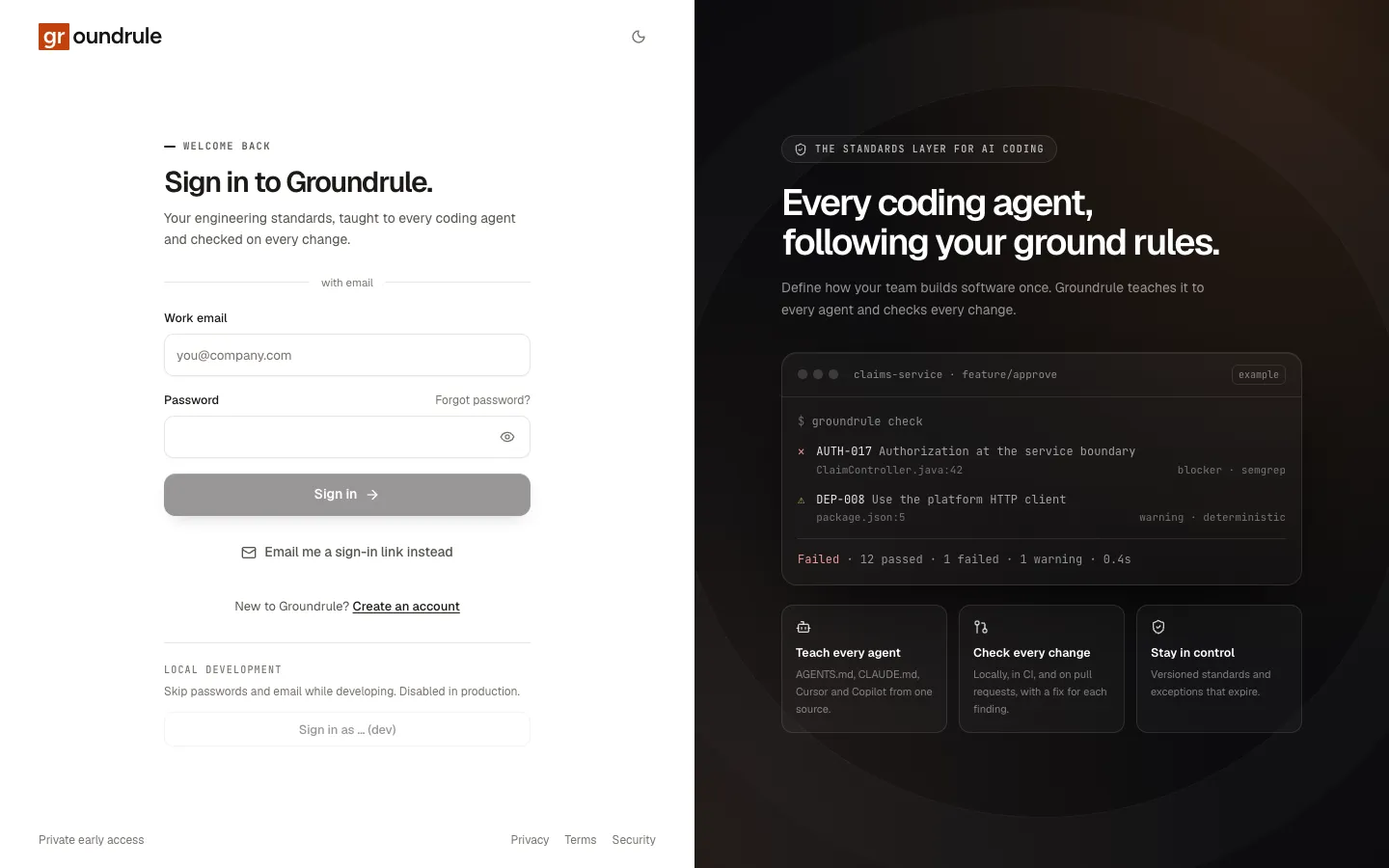 The sign-in page: Work email, Password with a Forgot password? link, Sign in, and Email me a sign-in link instead.