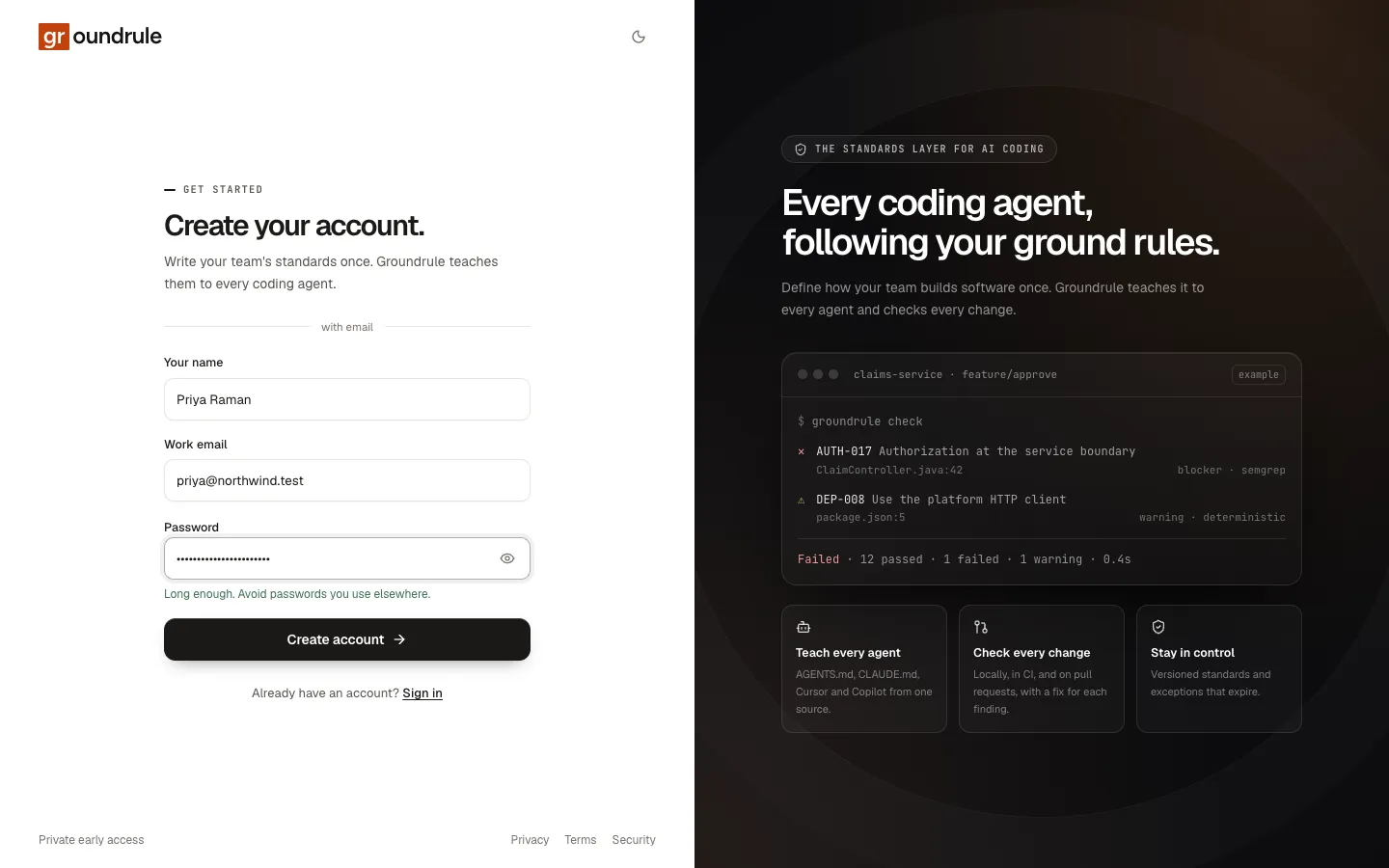 The sign-up form with name, work email and password.
