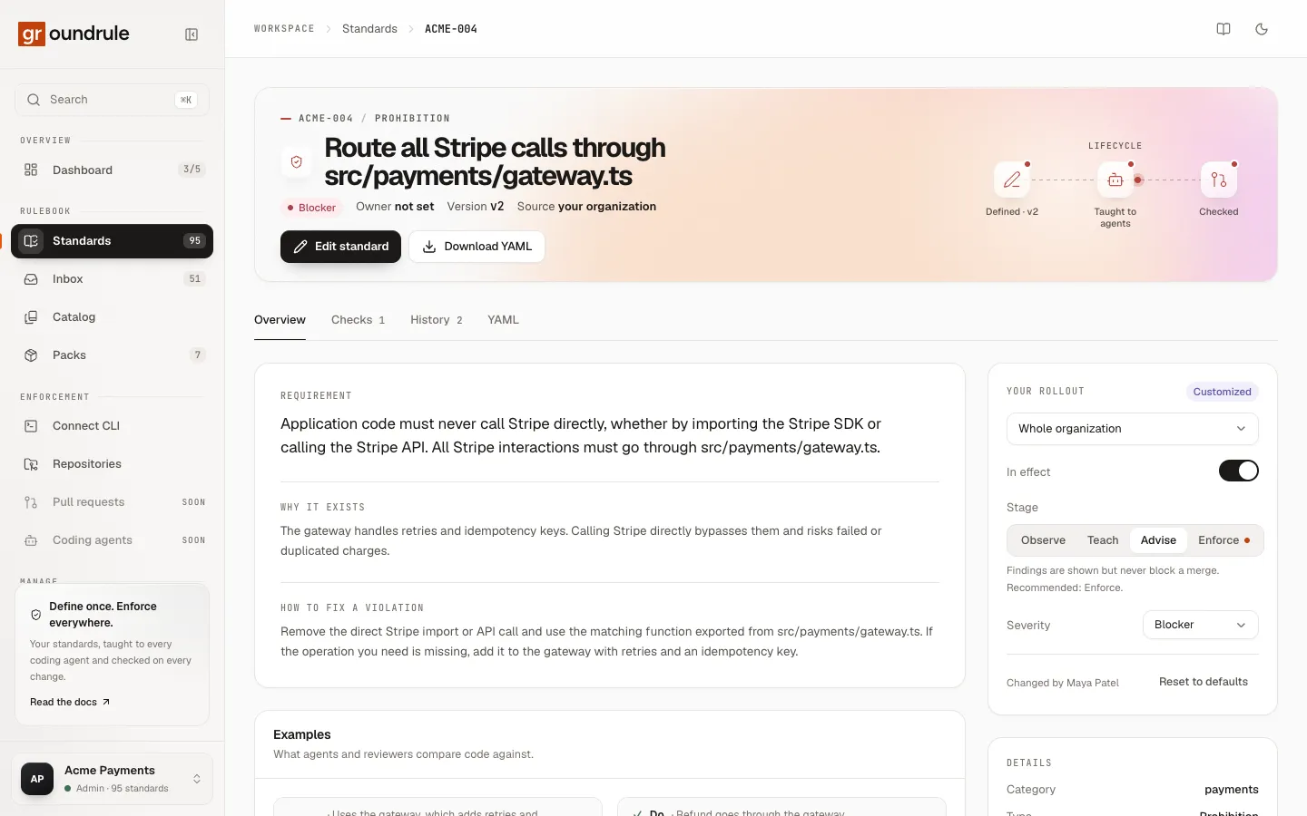 The page for ACME-004, “Route all Stripe calls through src/payments/gateway.ts”: blocker, version v2, source your organization, with Edit standard, Download YAML, and tabs for Overview, Checks, History and YAML.
