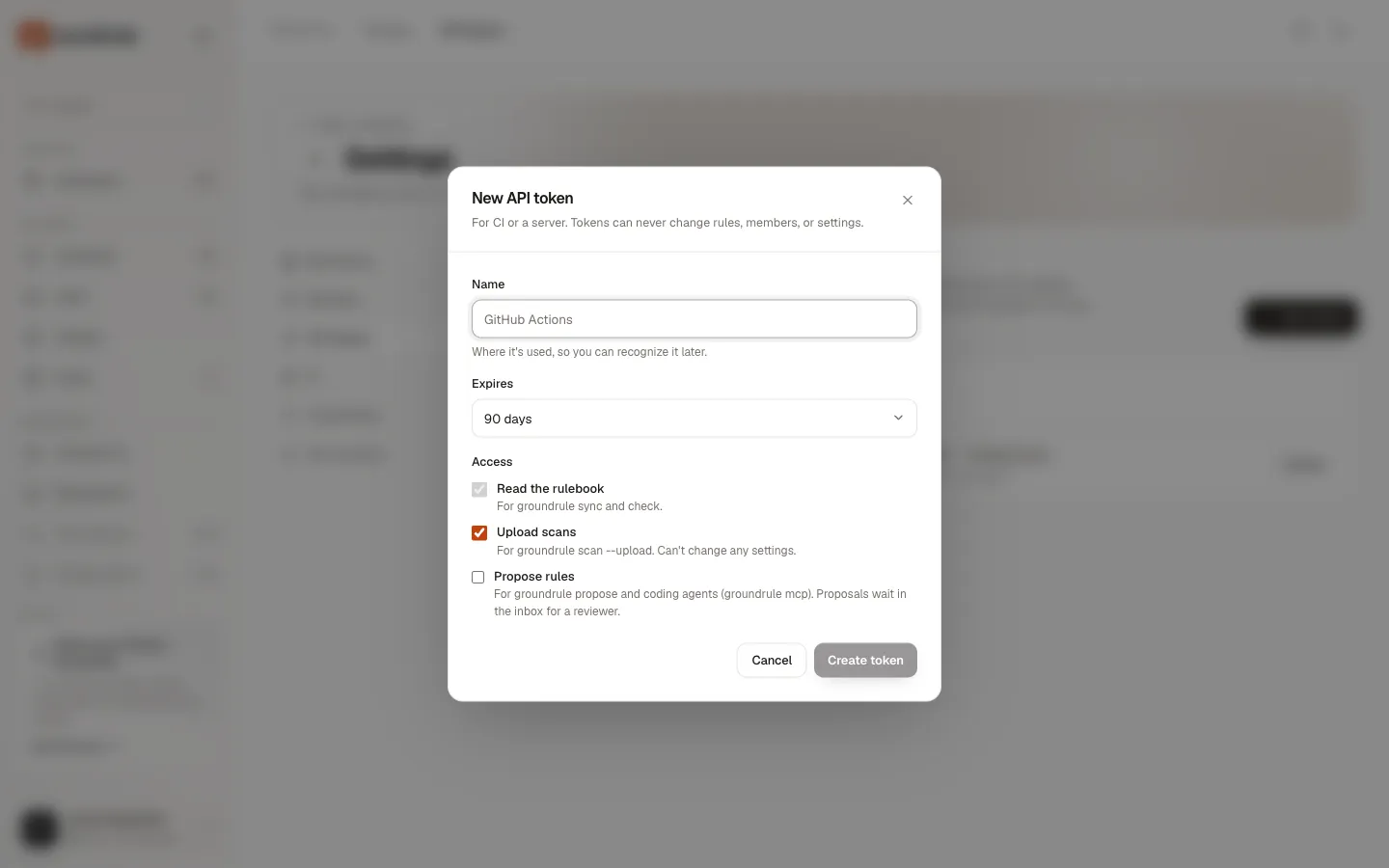 The New API token dialog: Name, Expires set to 90 days, and Access with Read the rulebook always on, Upload scans checked, and Propose rules unchecked.
